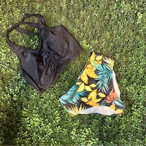 Black Halter Bikini Top with Tropical Print Bottoms
